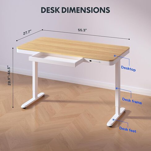 مكتب قائم كهربائي FLEXISPOT مقاس 55 بوصة مع أدراج، مكتب منزلي سريع التجميع مع مساحة تخزين، شحن USB، مكتب كمبيوتر للمكتب المنزلي (سطح خشب القيقب + إطار أبيض قابل للتعديل، Comhar) in Kuwait