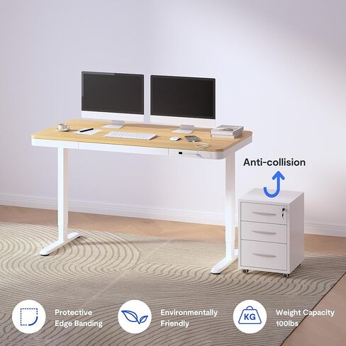 مكتب قائم كهربائي FLEXISPOT مقاس 55 بوصة مع أدراج، مكتب منزلي سريع التجميع مع مساحة تخزين، شحن USB، مكتب كمبيوتر للمكتب المنزلي (سطح خشب القيقب + إطار أبيض قابل للتعديل، Comhar) in Kuwait