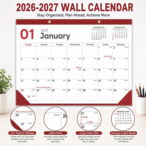 Desk Calendar 2026-2027 - Ougesi 18 Month Desk Top Calendar July 2026 - Dec 2027,17x12 Academic Desk Calendar with Thick Paper, Large Blocks, Stickers for Home & Office in Saudi Arabia