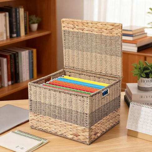 صندوق ملفات مزخرف مقاس 14 × 12 × 11 بوصة منظم سلة ملفات من الأعشاب البحرية لحجم الحروف، خزانة ملفات معلقة منسوجة يدويًا مع غطاء لمجلد المستندات ديكور المكتب المنزلي، صفير الماء، ثلاثي الألوان in Kuwait