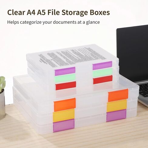 12 PCS Clear A4 A5 File Boxes, Plastic Paper Organizer with Color Buckles and 54 Labels, Stackable Magazine Protector Cases, Transparent Document Case for Office, School, Home in Saudi Arabia