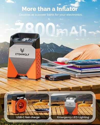 ضاغط هواء محمول منفاخ الإطارات ETENWOLF ZEPHYR S3، نفخ سريع لمدة دقيقة واحدة ودورة عمل 100%، مضخة هواء 160 رطل لكل بوصة مربعة للسيارات وسيارات الدفع الرباعي والدراجات والكرات (برتقالي حيوي) in Kuwait
