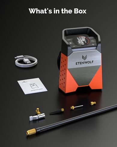 ضاغط هواء محمول منفاخ الإطارات ETENWOLF ZEPHYR S3، نفخ سريع لمدة دقيقة واحدة ودورة عمل 100%، مضخة هواء 160 رطل لكل بوصة مربعة للسيارات وسيارات الدفع الرباعي والدراجات والكرات (برتقالي حيوي) in Kuwait