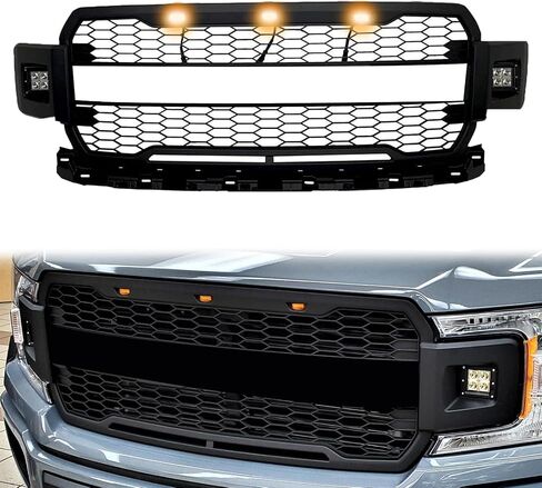 Front Upper Bumper Grille with LED Lights & Side Marker Lights fit for 2018 2019 2020 Ford F-150 F150, Matte Black Mesh Grill Replacement in Saudi Arabia