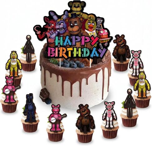 25 Pcs Five Nights Happy Birthday Cake Toppers, Freddy's Cake Decorations, This Cake Decoration set Includes 1 “Happy Birthday" Topper and 24 Dessert Decorations in Saudi Arabia