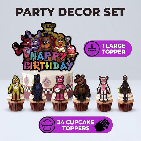 25 Pcs Five Nights Happy Birthday Cake Toppers, Freddy's Cake Decorations, This Cake Decoration set Includes 1 “Happy Birthday" Topper and 24 Dessert Decorations in Saudi Arabia