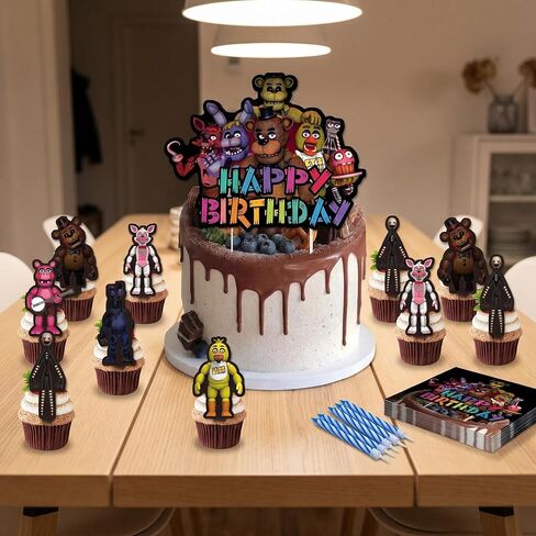 25 Pcs Five Nights Happy Birthday Cake Toppers, Freddy's Cake Decorations, This Cake Decoration set Includes 1 “Happy Birthday" Topper and 24 Dessert Decorations in Saudi Arabia