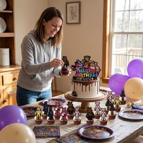25 Pcs Five Nights Happy Birthday Cake Toppers, Freddy's Cake Decorations, This Cake Decoration set Includes 1 “Happy Birthday" Topper and 24 Dessert Decorations in Saudi Arabia