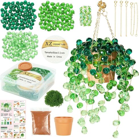 Deinduser Beaded Plant Kit, DIY Hanging Suncatcher Craft Kit with Glass Crystal Beads, Pot, Chain, Faux Moss, Air Dry Clay, Instruction Booklet & Video Tutorial, Tabletop or Window Decor Gift in Saudi Arabia