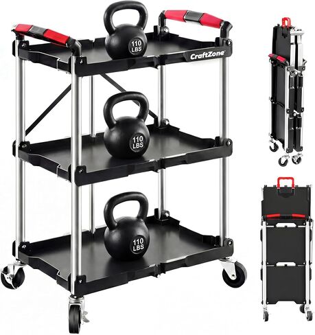 Folding Service Cart,Rolling Utility Cart,330 LBS Collapsible Service Cart,3 Shelf Heavy Duty Foldable Tool Cart in Saudi Arabia