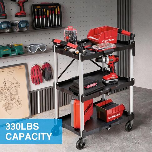Folding Service Cart,Rolling Utility Cart,330 LBS Collapsible Service Cart,3 Shelf Heavy Duty Foldable Tool Cart in Saudi Arabia