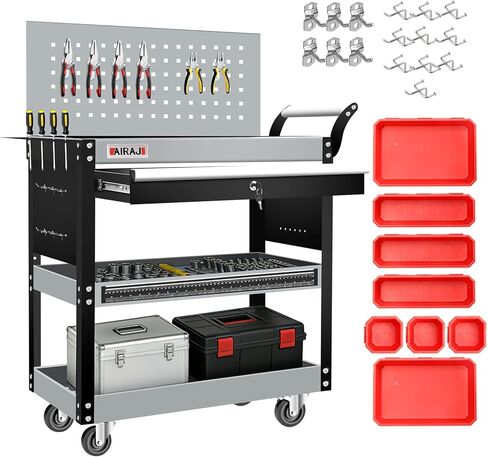 AIRAJ 3-Tier Tool Cart on Wheels,Rolling Tool Cart with Lockable Drawer & Pegboard,440LBS Heavy Duty Utility Tool Storage Cart with Wheels,Industrial Tool Organizer Cart with Trays & Hooks for Garage in Saudi Arabia
