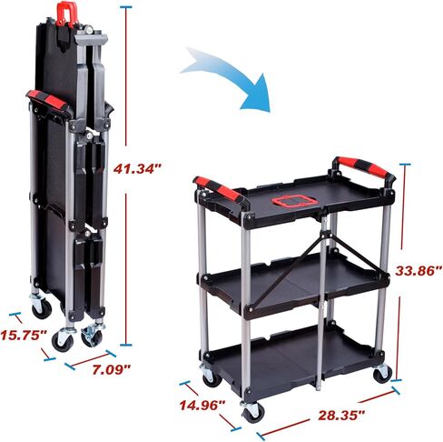 Folding Service Cart,Rolling Utility Cart,330 LBS Collapsible Service Cart,3 Shelf Heavy Duty Foldable Tool Cart in Saudi Arabia