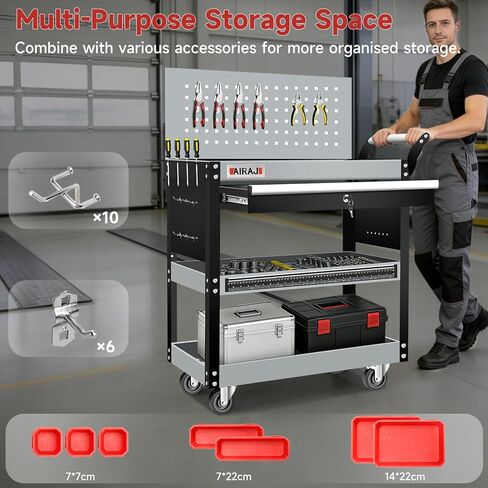 AIRAJ 3-Tier Tool Cart on Wheels,Rolling Tool Cart with Lockable Drawer & Pegboard,440LBS Heavy Duty Utility Tool Storage Cart with Wheels,Industrial Tool Organizer Cart with Trays & Hooks for Garage in Saudi Arabia