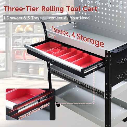 AIRAJ 3-Tier Tool Cart on Wheels,Rolling Tool Cart with Lockable Drawer & Pegboard,440LBS Heavy Duty Utility Tool Storage Cart with Wheels,Industrial Tool Organizer Cart with Trays & Hooks for Garage in Saudi Arabia