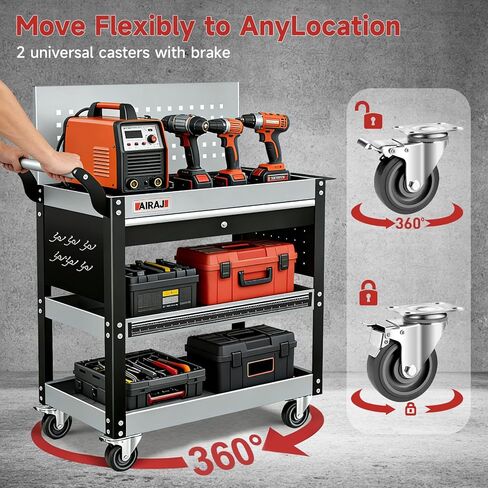 AIRAJ 3-Tier Tool Cart on Wheels,Rolling Tool Cart with Lockable Drawer & Pegboard,440LBS Heavy Duty Utility Tool Storage Cart with Wheels,Industrial Tool Organizer Cart with Trays & Hooks for Garage in Saudi Arabia