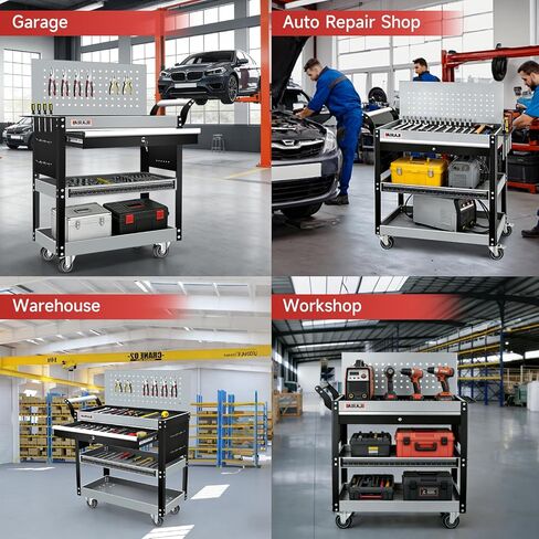 AIRAJ 3-Tier Tool Cart on Wheels,Rolling Tool Cart with Lockable Drawer & Pegboard,440LBS Heavy Duty Utility Tool Storage Cart with Wheels,Industrial Tool Organizer Cart with Trays & Hooks for Garage in Saudi Arabia