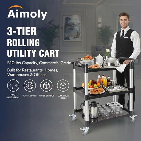 3-Tier Rolling Utility Cart with Wheels, 510 lbs Capacity Service Cart, Commercial Kitchen Cart with 4 Lockable Swivel Casters for Restaurant/Home/Warehouse/Office (31.5"L x 15.75"W x 37.4"H) in Saudi Arabia