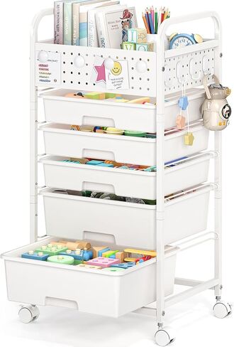 SYKIARIOL 4 Drawer Rolling Storage Cart with Pegboard Top and Hooks, Mobile Organizer Cart with Wheels for Office Supplies, Craft Storage, Classroom Organization, Home Utility Cart, White in Saudi Arabia
