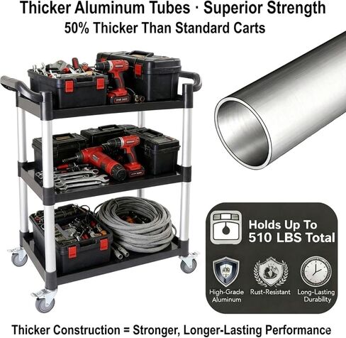 3-Tier Rolling Utility Cart with Wheels, 510 lbs Capacity Service Cart, Commercial Kitchen Cart with 4 Lockable Swivel Casters for Restaurant/Home/Warehouse/Office (31.5"L x 15.75"W x 37.4"H) in Saudi Arabia