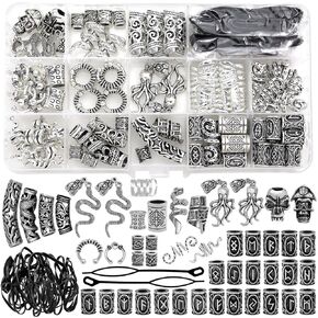 fscwlmon 207pcs الفايكنج الشعر المجوهرات الشمال الرونية أنبوب الخرز، مجموعة الملحقات للضفائر dreadlock اللحية locs، مقاطع معدنية حلقات الكفة، تجديل اللحية الديكور أساور قلادة قلادة DIY فضي in Kuwait