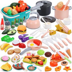 HOLYFUN 74-Pcs Kids Kitchen Toy Accessories with Basket, Pretend Play Cooking Set with Toy Pots and Pans, Utensils, Cookware, Cuttable Play Food, Fruit Vegetables, Learning Gift for Kids Toddler in Saudi Arabia
