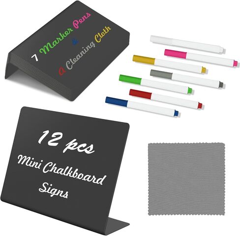 V-Shaped Mini Chalkboard Signs for Food, 12 Pack 4"x3" Small Food Tags, Reusable Tabletop Small Chalkboard Signs, Bakery, Wedding, Party, Includes 7 Color Chalk Markers, Cleaning Cloth in Saudi Arabia