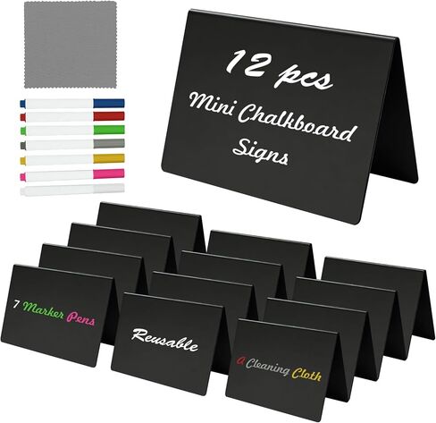 V-Shaped Mini Chalkboard Signs for Food, 12 Pack 4"x3" Small Food Tags, Reusable Tabletop Small Chalkboard Signs, Bakery, Wedding, Party, Includes 7 Color Chalk Markers, Cleaning Cloth in Saudi Arabia