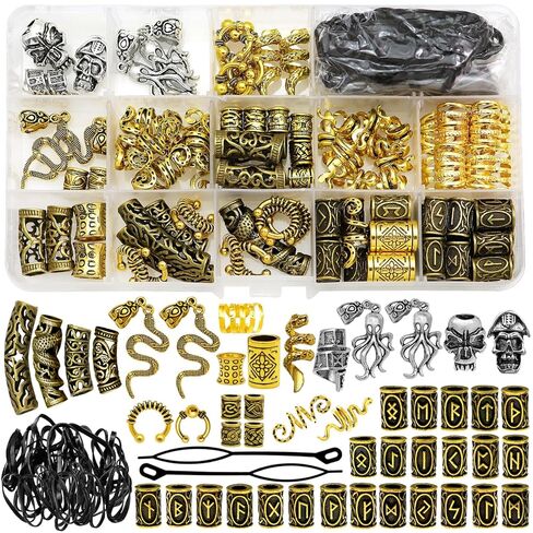 fscwlmon 207pcs الفايكنج الشعر المجوهرات الشمال الرونية أنبوب الخرز، مجموعة الملحقات للضفائر dreadlock اللحية locs، مقاطع معدنية حلقات الكفة، تجديل اللحية الديكور أساور قلادة قلادة DIY فضي in Kuwait