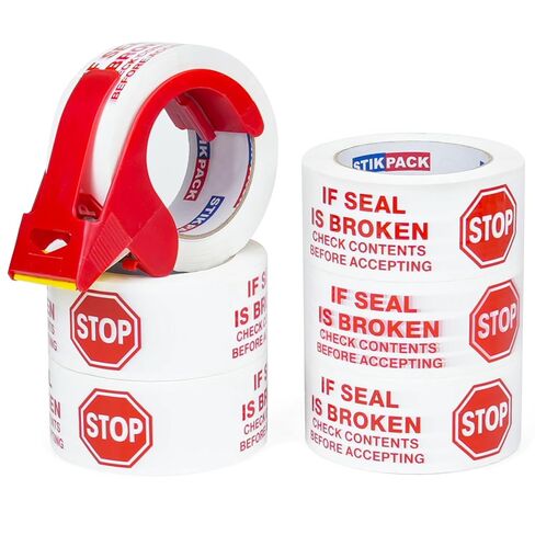 2 Pack Stop Sign Sealing Tape Pre-Printed IF Seal is Broken Check Contents Before Accepting Heavy Duty Packing Tape with Dispenser 2 Inch x 110 Yards, Total 220Y for Moving and Shipping in Saudi Arabia