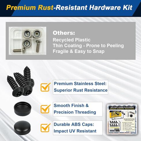 Anti Theft License Plate Screws Kit - Black Stainless Steel Security License Plate Bolts with Caps & Nuts, M6 (1/4") Tamper Proof Mounting Hardware for Front Rear Car, Truck, Motorcycle (Black, M6) in Saudi Arabia