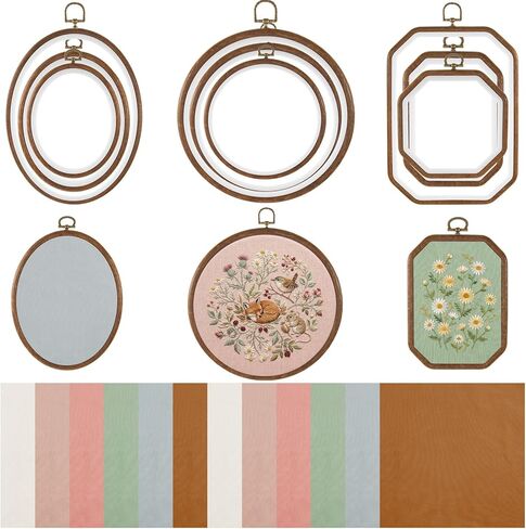 Tudomro 21 Pcs Embroidery Kit Vintage 9 Embroidery Hoop Frame 12 Fabric, Lmitated Decor Embroidered Hoop Circle Oval Octagonal Cross Stitch Hoops for Display Sewing Craft Hanging Ornament(6 Colors) in Kuwait