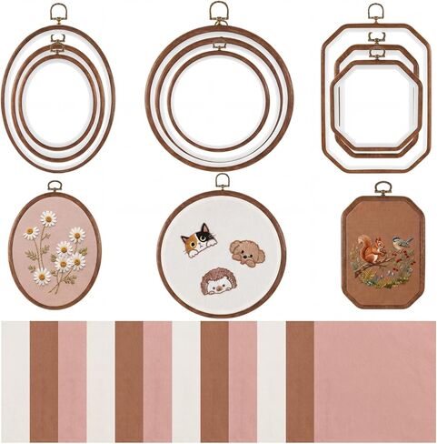 Tudomro 21 Pcs Embroidery Kit Vintage 9 Embroidery Hoop Frame 12 Fabric, Lmitated Decor Embroidered Hoop Circle Oval Octagonal Cross Stitch Hoops for Display Sewing Craft Hanging Ornament(6 Colors) in Kuwait