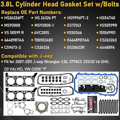 HS26326PT Head Gasket Set w/Bolts for 2007-2011 J-eep Wrangler 3.8L V6 Cylinder Full Engine Head Gaskets Kit Replace 4648987AA VS50599R HS54740 7B0103483 in Saudi Arabia