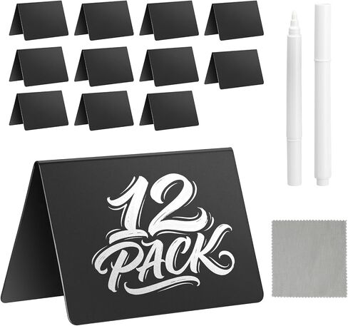 Mini Chalkboard Signs for Food - 12 Pack V-Shaped PVC Tabletop Chalkboard Tags, Erasable Food Labels for Party Buffet, Bakery, Wedding - Includes 2 Liquid Markers & 2 Cloths in Saudi Arabia