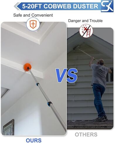 26FT Reach Cobweb Duster, Outdoor Spider Web Cleaner Brush with 5-20FT Telescoping Extension Pole, Aluminium Heavy Duty, Medium Stiff Bristles Spider Web Brush for Outdoor & Indoor Cleaning in Saudi Arabia