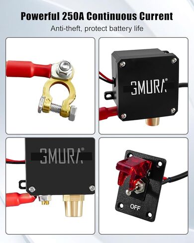 12V 250A Battery Disconnect Switch with Rocker Panel, IP65 Weatherproof Car Battery Kill Switch with 9.84ft Cable, Manual Cut-Off Shut Off for Car Truck RV Boat in Kuwait