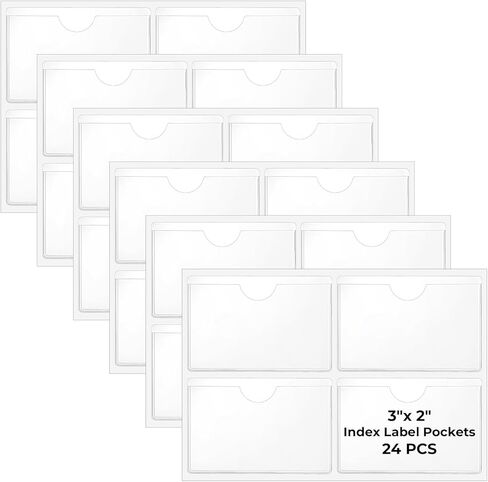 24PCS Self Adhesive Label Pockets, 3 x 2 inch Clear Index Card Pockets, Top Open Plastic Label Holders for Storage Bins, Library Cards, Organizing and Protecting in Saudi Arabia