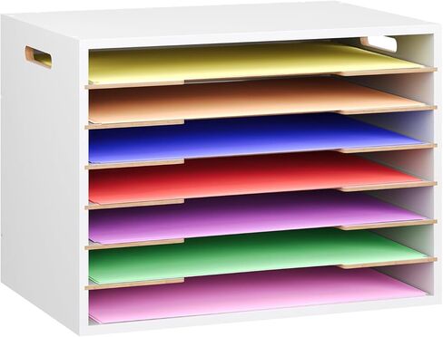 منظم ورق البناء الخشبي مقاس 12 × 18، منظم ملفات مكتب من 7 طبقات بمقبض، حامل تخزين فارز الورق قابل للتكديس مع أرفف قابلة للتعديل لغرفة الحرف اليدوية والمنزل والمكتب والفصول الدراسية، أبيض in Kuwait