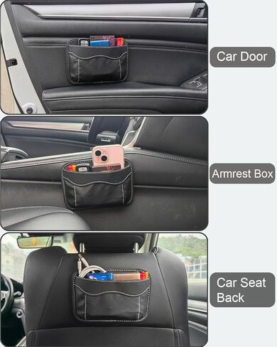 Reusable Adhesive Small Car Seat Side Pocket Organizer, No Residue Removable PU Leather Car Storage bag, Universal Vehicle Door & Console Pouch for Phone Keys Wallet etc, Black in Saudi Arabia