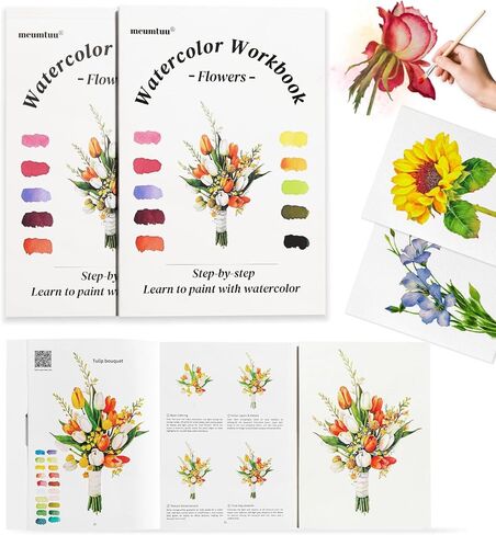 Watercolor Workbook for Beginners - Water Colors Paint Adult Set Including Video and Step by Step Tutorials,12 Flowers Water Coloring Book，300GSM Bleed-Resistant Paper，Relaxing Art Gift for Adults (Floral without Paints) in Saudi Arabia