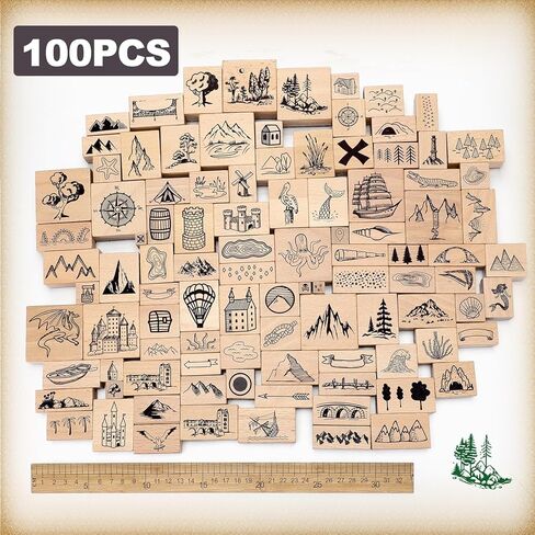 ReliThick 100 Pcs Map Stamps Combo Map Making Stamps Kit Compass Mountains Building Vintage Wooden Rubber Stamp for RPG Adventures Storytelling Creative Projects DIY Crafts Scrapbooking Supplies in Saudi Arabia