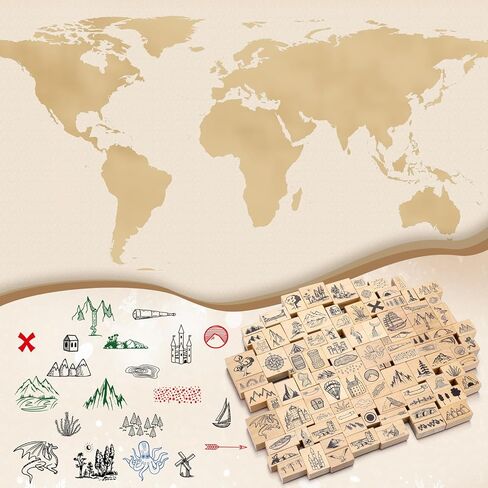 ReliThick 100 Pcs Map Stamps Combo Map Making Stamps Kit Compass Mountains Building Vintage Wooden Rubber Stamp for RPG Adventures Storytelling Creative Projects DIY Crafts Scrapbooking Supplies in Saudi Arabia