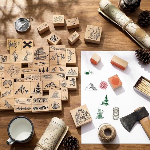 ReliThick 100 Pcs Map Stamps Combo Map Making Stamps Kit Compass Mountains Building Vintage Wooden Rubber Stamp for RPG Adventures Storytelling Creative Projects DIY Crafts Scrapbooking Supplies in Saudi Arabia