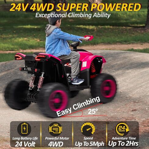 أطفال ATV 4 عجلات، 24 فولت 2 مقعد كهربائي ATV رباعي مع محرك 4X100W، مجموعة معدات الحماية، بلوتوث، أضواء LED، تعليق زنبركي، ألعاب ركوب تعمل بالبطارية للأطفال الكبار، الأولاد، البنات، أسود وردي in Kuwait
