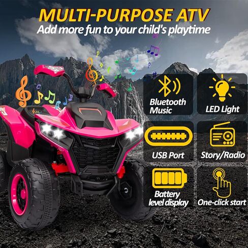 أطفال ATV 4 عجلات، 24 فولت 2 مقعد كهربائي ATV رباعي مع محرك 4X100W، مجموعة معدات الحماية، بلوتوث، أضواء LED، تعليق زنبركي، ألعاب ركوب تعمل بالبطارية للأطفال الكبار، الأولاد، البنات، أسود وردي in Kuwait