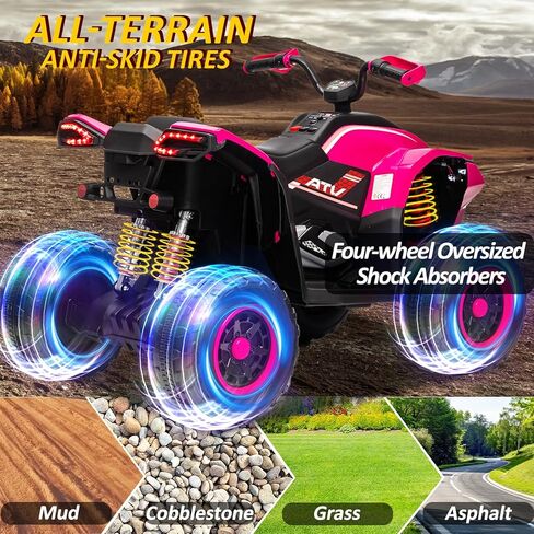أطفال ATV 4 عجلات، 24 فولت 2 مقعد كهربائي ATV رباعي مع محرك 4X100W، مجموعة معدات الحماية، بلوتوث، أضواء LED، تعليق زنبركي، ألعاب ركوب تعمل بالبطارية للأطفال الكبار، الأولاد، البنات، أسود وردي in Kuwait