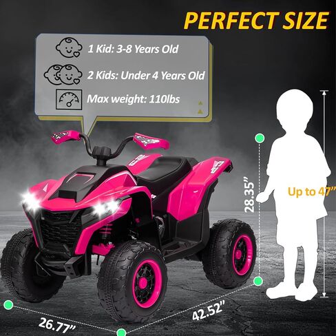 أطفال ATV 4 عجلات، 24 فولت 2 مقعد كهربائي ATV رباعي مع محرك 4X100W، مجموعة معدات الحماية، بلوتوث، أضواء LED، تعليق زنبركي، ألعاب ركوب تعمل بالبطارية للأطفال الكبار، الأولاد، البنات، أسود وردي in Kuwait