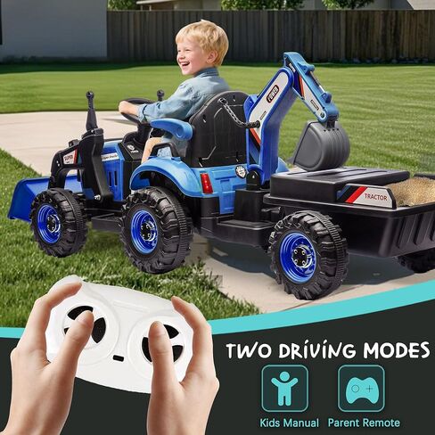24V Ride on Excavator with 4-in-1 Construction Attachments (Excavator, Dump Truck & Bulldozer), Ride on Tractor w/Remote Control, Swivel Seat, Power Wheels Kids Electric Vehicles (Blue) in Kuwait