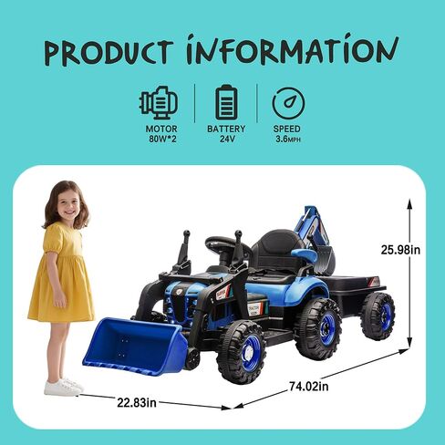 24V Ride on Excavator with 4-in-1 Construction Attachments (Excavator, Dump Truck & Bulldozer), Ride on Tractor w/Remote Control, Swivel Seat, Power Wheels Kids Electric Vehicles (Blue) in Kuwait